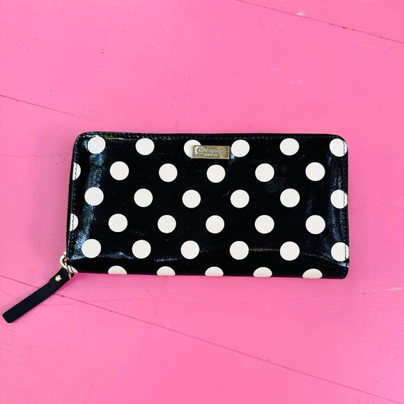 NWOT Kate Spade Long Wallet Black and White Polka Dots Side Zip Large Dots - Picture 1 of 4